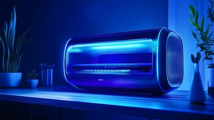 An eye-catching, modern design with glowing blue lighting and sleek metallic finishes. The futuristic appliance sits on a wooden surface, with plants in the background