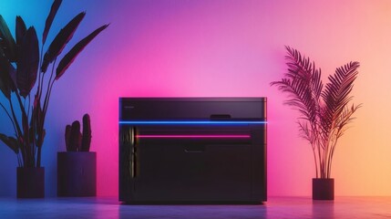 Modern technology aesthetic with plants and color lights. A sleek black device is set against a vibrant gradient background, enhanced by lush plants, creating a fusion of technology and nature
