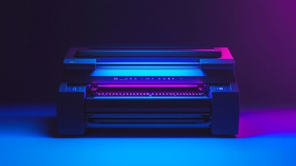 A modern printer with bright blue and purple neon lights illuminating it