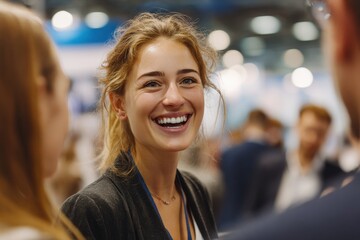 Joyful smile of a young woman during a lively event in a bustling convention center, engaging with people around her and radiating happiness