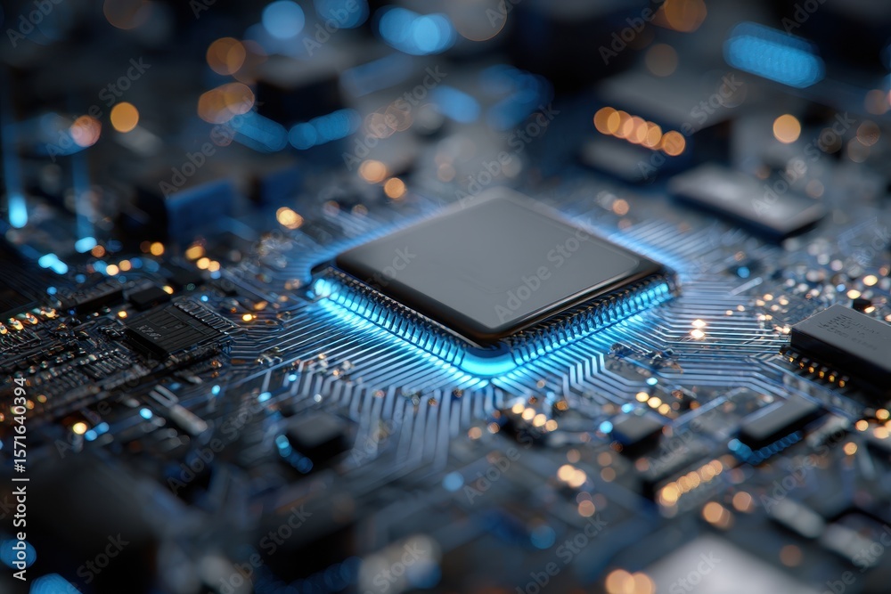 Poster concept cpu microchip designed for artificial intelligence and data networking on a modern circuit b