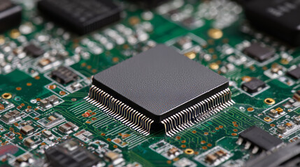 Processor with integration AI. AI Letters on chip. CPU connected to data storage. Artificial intelligence technology in electronic chip. Data processing by artificial intelligence chip. AI hardware.