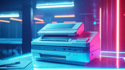 Modern office printer on the desk, with vibrant neon lights in the background. The image evokes a sense of technological advancement and a modern workspace.