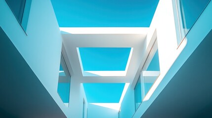 Obraz premium White interior corridors, skylights, bright blue sky
