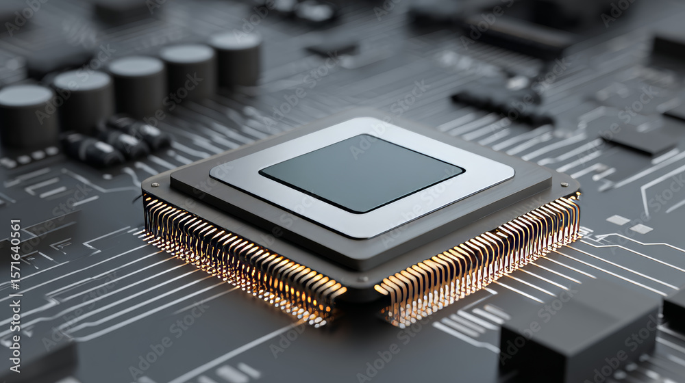 Poster processor with integration ai. ai letters on chip. cpu connected to motherboard . artificial intelli