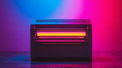 A futuristic light illuminates a modern structure, with a vibrant and colorful glow