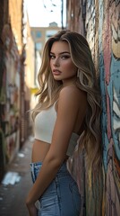 Naklejka premium A fashion model posing confidently in an urban alley with mural walls