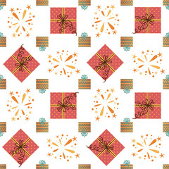 Seamless vector pattern with festive gift boxes, polka dots, ribbon bows and stylized fireworks. Perfect for festive wrapping paper, textiles and party decor. Christmas, New Year, Diwali themes.