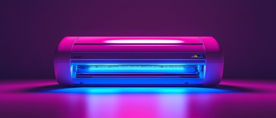 A modern printer, illuminated with purple and blue neon lights, showcasing a futuristic design.