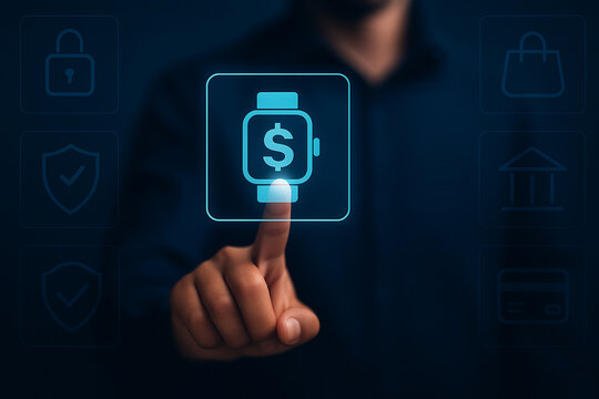Businessman Tapping Virtual Smartwatch Payment Icon Interface with Finance Security Banking and Shopping Symbols in Digital Technology Concept