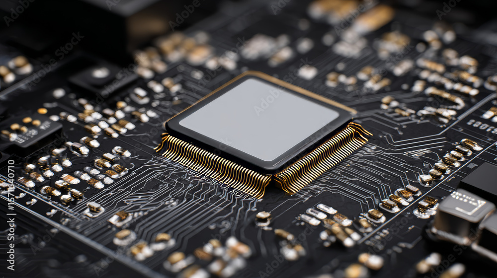 Poster processor with integration ai. ai letters on chip. cpu connected to motherboard . artificial intelli