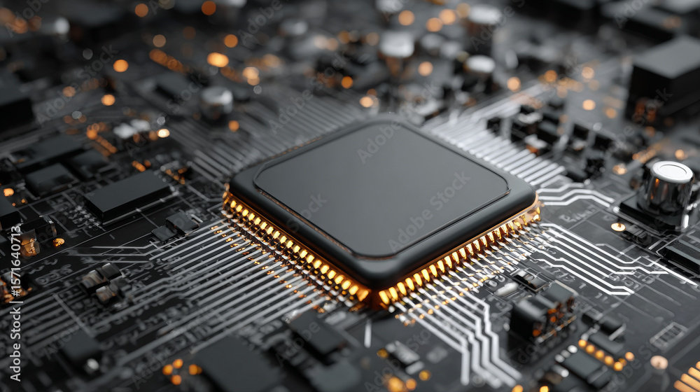 Poster processor with integration ai. ai letters on chip. cpu connected to motherboard . artificial intelli