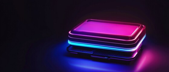 A glowing neon stack of digital devices, showcasing modern technology and futuristic design. The sleek shapes emit vibrant, colorful light against a dark background.