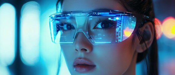 A futuristic woman wearing advanced tech glasses with a focus on technology and innovation