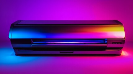A futuristic printing machine illuminated with vibrant colors