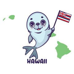 State animal Hawaiian Monk Seal holding the flag of Hawaii