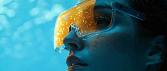 A woman is wearing a futuristic transparent helmet and looking upwards, as if dreaming of the future. The image evokes a sense of wonder and curiosity.