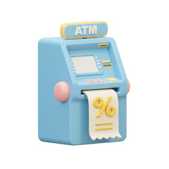 A pastel blue atm with a percentage symbol on the printed receipt isolated on transparent background