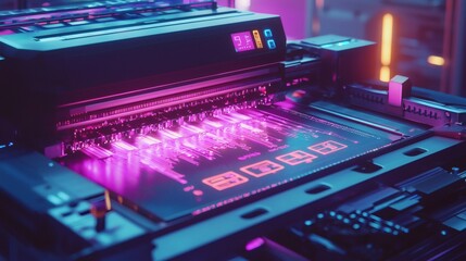 A futuristic print machine in a dimly lit environment. The machine's printing process emits a vibrant purple glow.
