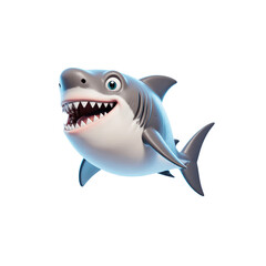 Happy Shark Cartoon: A cheerful cartoon shark with a wide, toothy grin, big eyes, and dynamic pose, set against a clean background.
