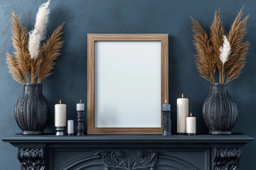 3D rendering of blank poster frame mockup set in modern interior background featuring minimalistic decor and clean layout for artwork or branding presentation
