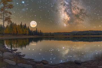 Stunning night landscape featuring Milky Way galaxy and bright stars shining over calm lake surrounded by dense forest under clear dark sky