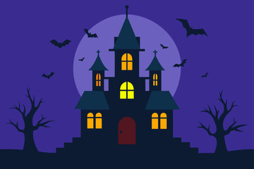 Haunted Mansion with Flickering Lights and Bats