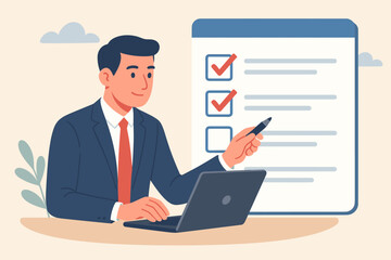 Businessman using laptop completing online checklist for business performance. Man filling out digital form, survey, questionnaire. Task management, productivity, assessment concept.