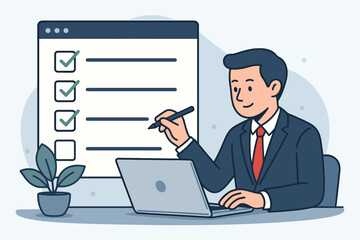 Business performance checklist. Businessman at desk with laptop completes online survey. Man filling out digital form, questionnaire. Task management, assessment, evaluation.