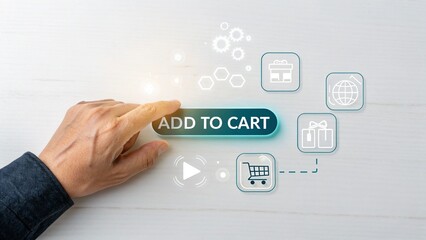 Hand interacting with Add to Cart button, showing online shopping and ecommerce features for...