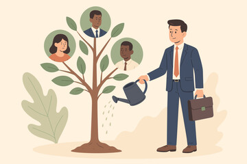 Human resources concept for career growth, talent management. HR manager watering a people tree. Metaphor for employee development, staff nurturing, investment, and recruitment.