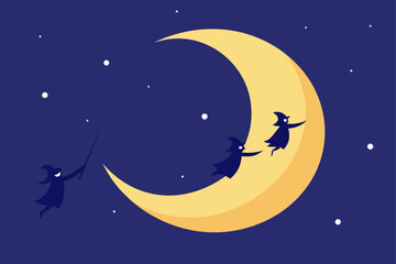 Naklejka premium Witches Flying Past a Glowing Full Moon