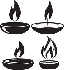 Four Stylized Black Candle Silhouettes with Bowl-Shaped Wicks and Flames Overhead View Symmetrical Graphic Icons Vector illustrations 