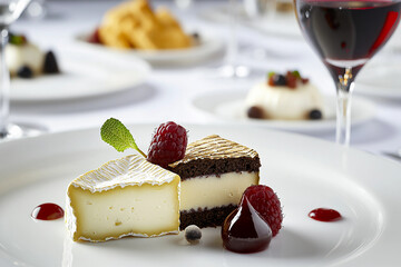 Close-up of creamy cheesecake topped with raspberry and blueberry sauce served on a white plate, perfect for gourmet dessert presentation and sweet food photography