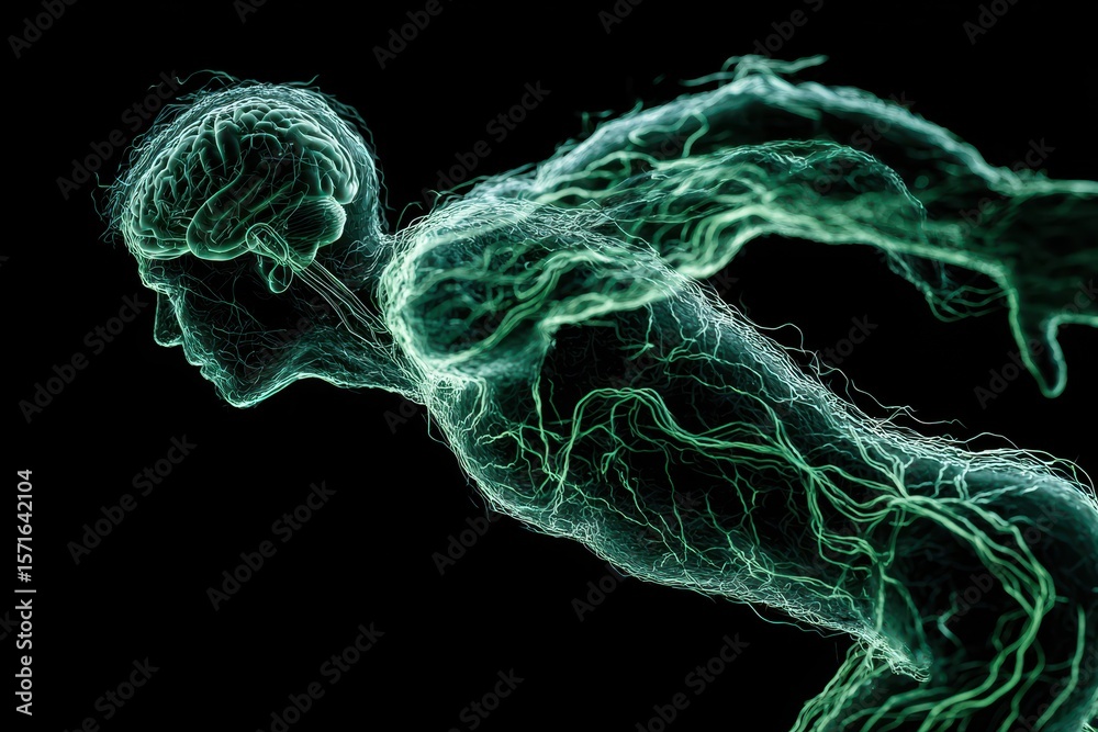 Poster dynamic representation of human brain and body in motion illustrating the connection between mental 