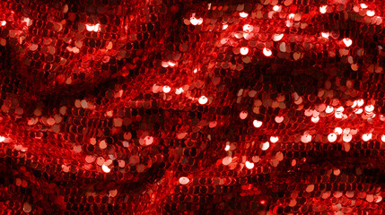 Festive Red Sequin Texture Background. Closeup of Shiny Sequined Fabric with Disco Shimmering Effect for Glamorous Designs