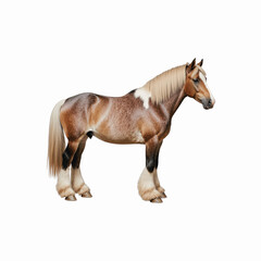 Naklejka premium Haflinger Horse Portrait: A stunning Haflinger horse, known for its distinctive coat and feathering, stands majestically against a plain background. Its chestnut coat is adorned with lighter markings.