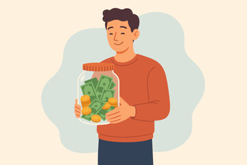 Man holding money jar with cash and coins, donation and charity fundraising concept, saving for financial aid, giving, support, economic rescue, help, relief, finance