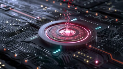 Abstract visualization showcasing futuristic circuit board with central processing unit in glowing red detail.