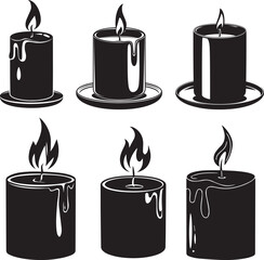 Set of Six Black Candle Silhouettes with Lit Flames and Dripping Wax, Vector illustration 