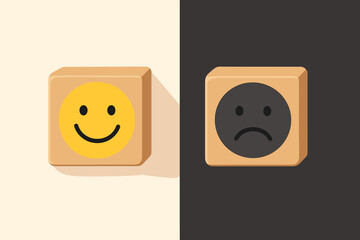 Mental health emotion concept. Happy smile face and sad face on wooden blocks. Positive negative mindset, mood disorder, depression, bipolar, psychology, decision choice vector
