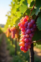 Sun-Drenched Autumn Grape Harvest Ripe Bunches Hanging Heavy on the Vine, Ready for Picking.  A picturesque scene showcasing vibrant colors and the bounty of the seasons peak.