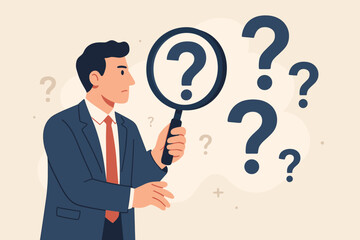 Obraz premium Businessman Analyzing Problem Root Cause Investigation, Incident Management, Solution Search, Threat Discovery, Uncertainty, Magnifying Glass, Question Mark Concept Illustration