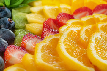 Colorful and fresh fruit salad with sliced kiwi, orange, grapefruit, strawberries, and blueberries served in a bowl, perfect for healthy eating and summer meals