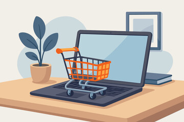 Online shopping concept illustration. Shopping cart on laptop keyboard. E-commerce, internet retail, digital marketplace, buying goods online, home office, modern technology.