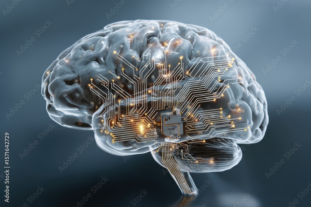 Poster human brain depicting intelligent thought processes with embedded circuitry representing cognitive c