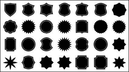 Collection of thirty black decorative frames and badges with silver borders on white background