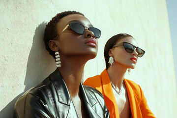 Portrait of stylish African American woman wearing sunglasses and vibrant orange jacket, confidently posing near urban wall with modern fashion vibe