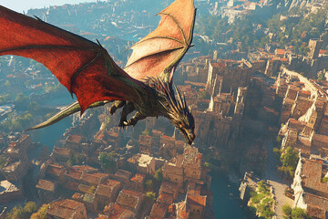 3D rendering of a majestic fantasy dragon soaring above a modern city, surrounded by dramatic clouds and mystical lighting creating a magical atmosphere