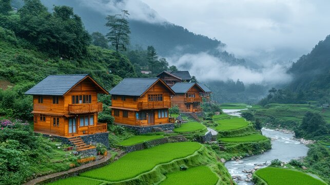Wooden houses nestled in a lush valley with terraced rice paddies and a winding river